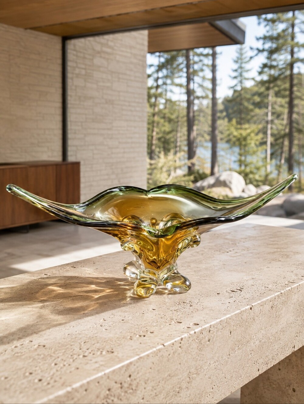 Lorraine Canada 352 Art Glass Freeform Pedestal Bowl Olive Amber 17"